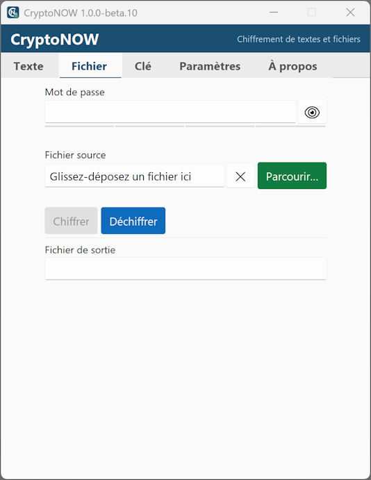 CryptoNOW Beta 10, onglet Fichier : choix du fichier source, chiffrement ou déchiffrement et fichier de sortie.
