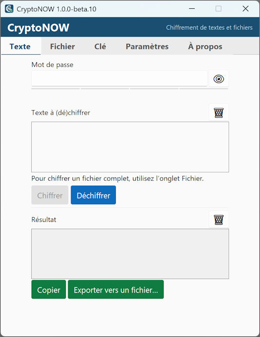 CryptoNOW Beta 10, onglet Texte : mot de passe, texte à chiffrer ou déchiffrer et résultat.