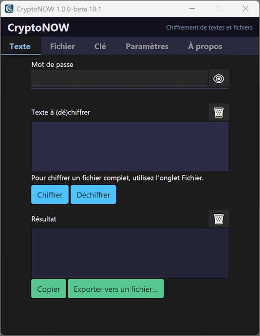 CryptoNOW Beta 10, onglet Texte en thème sombre : mot de passe, texte à chiffrer ou déchiffrer et résultat.